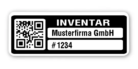 Inventaretiketten Material:Polyethylen-Folie hochglänzend weiß Größe:40x15mm Kopfzeile:"Ihr Wunschtext" Barcode:QR Stellenanzahl:4-stellig Menge:100