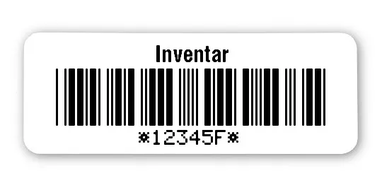 Inventaretiketten Universal Material:Folie weiß Größe:40x15mm Kopfzeile:"Inventar" Barcode:Code 39 mit Prüfziffer Stellenanzahl:6-stellig Ausführung:1 Etikett pro Nummer Etiketten je Rolle:100