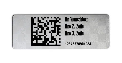 Universaletiketten Material:Siegeletikett Größe:36x13mm Kopfzeile:"Ihr Wunschtext" Barcode:DataMatrix Stellenanzahl:14-stellig Ausführung:2 Etiketten pro Nummer Etiketten je Rolle:1000