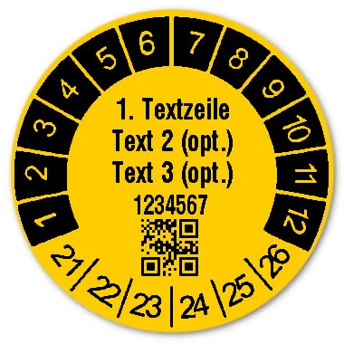 Produktbild:Prüfetiketten Material:Folie gelb Größe:Ø 30mm Kopfzeile:"Ihr Wunschtext" Barcode:QR Stellenanzahl:7-stellig Ausführung:1 Etikett pro Nummer Etiketten je Rolle:1000