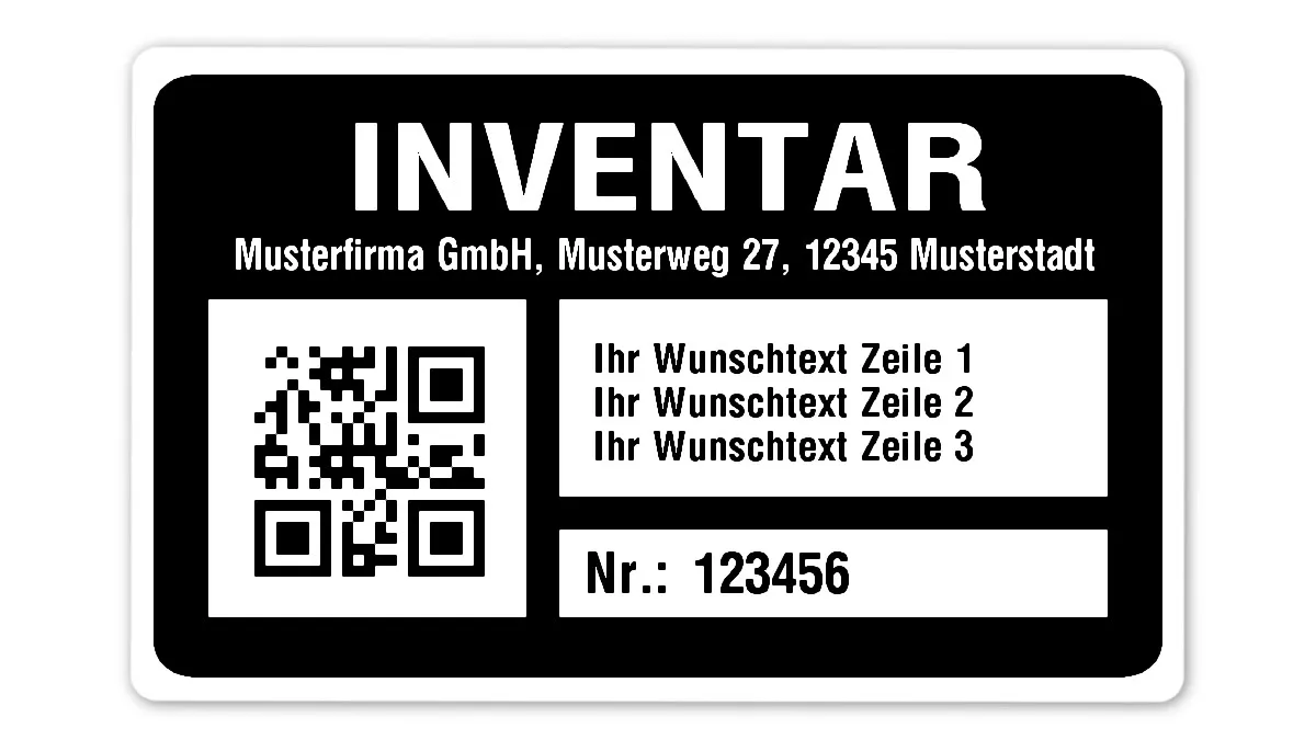 Inventaretiketten Material:Polyethylen-Folie hochglänzend weiß Größe:80x50mm Kopfzeile:"Ihr Wunschtext" Barcode:QR Stellenanzahl:6-stellig Menge:100