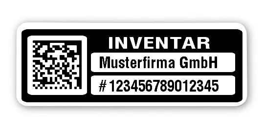 Inventaretiketten Material:Polyethylen-Folie hochglänzend weiß Größe:40x15mm Kopfzeile:"Ihr Wunschtext" Barcode:DataMatrix Stellenanzahl:15-stellig Menge:100