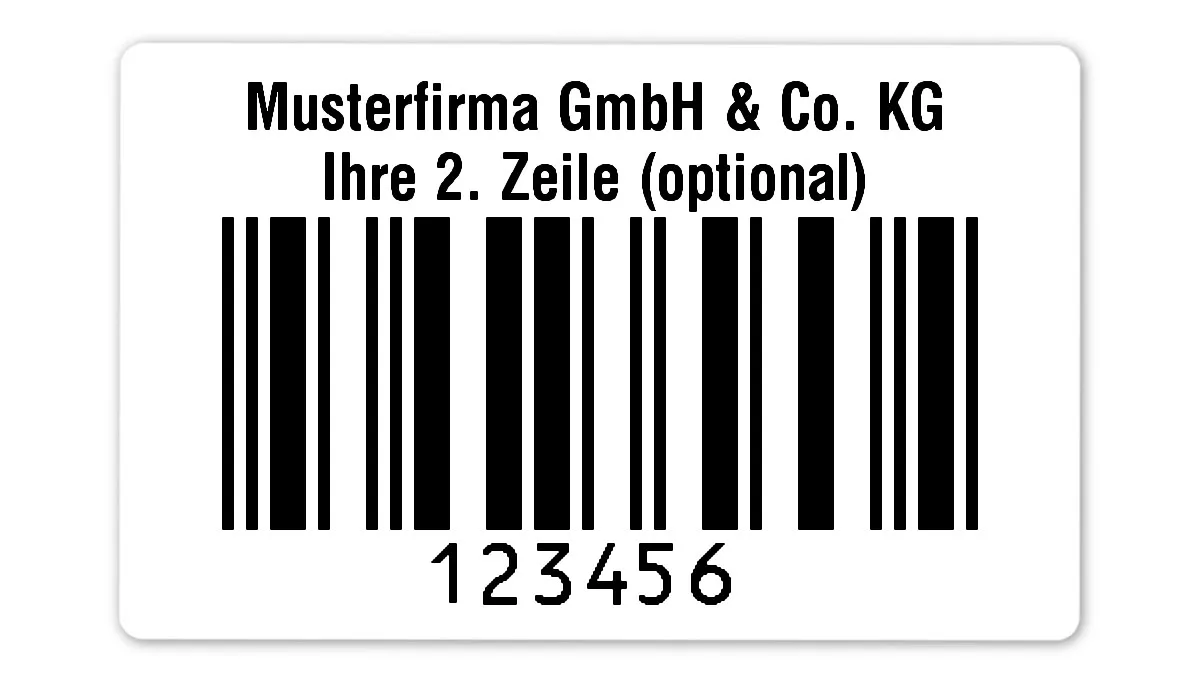 Universaletiketten Material:Polyethylen-Folie hochglänzend weiß Größe:80x50mm Kopfzeile:"Ihr Wunschtext" Barcode:2a5 interleaved Stellenanzahl:6-stellig Ausführung:1 Etikette pro Nummer Menge:500