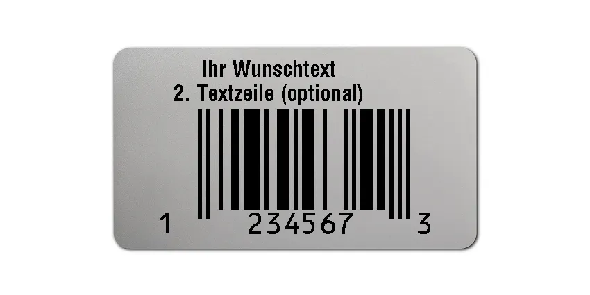 EAN Etiketten Material:Polyester-Folie Silberoptik matt Größe:45x25mm Produkt:EAN Etiketten Kopfzeile:"Ihr Wunschtext" Größe:45x25mm Barcode:UPC E Stellenanzahl:7-stellig Ausführung:1 Etikette pro Nummer Menge:1000