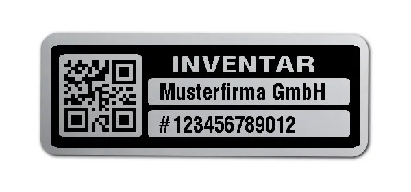 Inventaretiketten Material:Polyester-Folie Silberoptik matt Größe:40x15mm Kopfzeile:"Ihr Wunschtext" Barcode:QR Stellenanzahl:12-stellig Menge:500