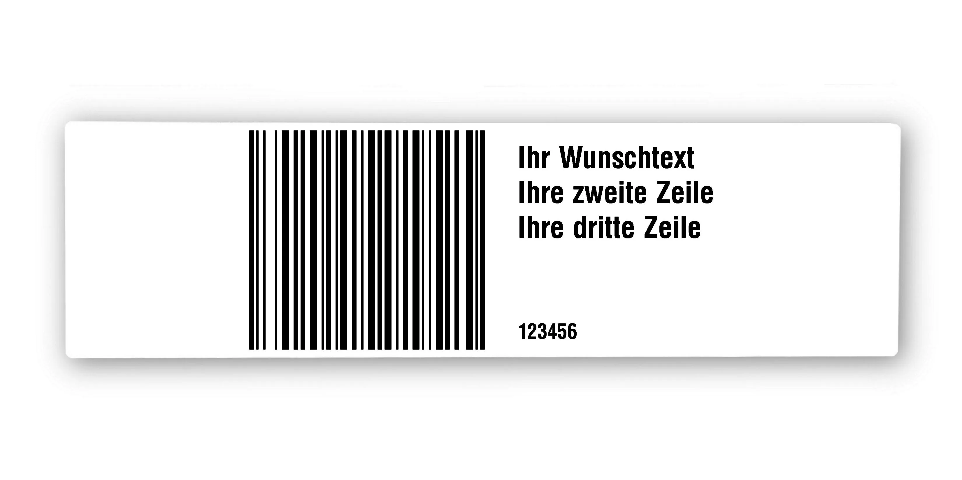 Universaletiketten Material:Polyethylen-Folie weiß matt opak Größe:250x70mm Kopfzeile:"Ihr Wunschtext" Barcode:128B Stellenanzahl:6-stellig Ausführung:1 Etikette pro Nummer Menge:1000