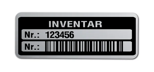 Inventaretiketten Material:Polyester-Folie Silberoptik matt Größe:40x15mm Kopfzeile:"Inventar" Barcode:128B Stellenanzahl:6-stellig Menge:100