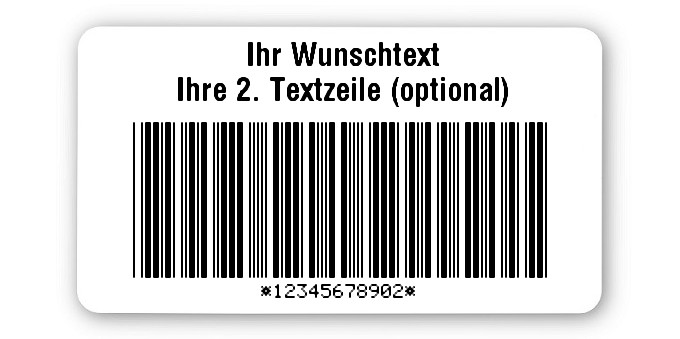 Universaletiketten Material:Thermopapier Größe:45x25mm Kopfzeile:"Ihr Wunschtext" Barcode:Code 39 mit Prüfziffer Stellenanzahl:11-stellig Ausführung:4 Etiketten pro Nummer Menge:500