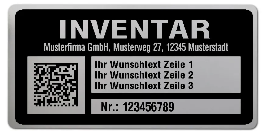 Inventaretiketten Material:Polyester-Folie Silberoptik matt Größe:68x34mm Kopfzeile:"Ihr Wunschtext" Barcode:DataMatrix Stellenanzahl:9-stellig Menge:100