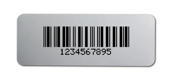 Universaletiketten Material:Polyester-Folie Silberoptik matt Größe:40x15mm Kopfzeile:"ohne" Barcode:2a5 mit Prüfziffer Stellenanzahl:10-stellig Ausführung:1 Etikette pro Nummer Menge:100