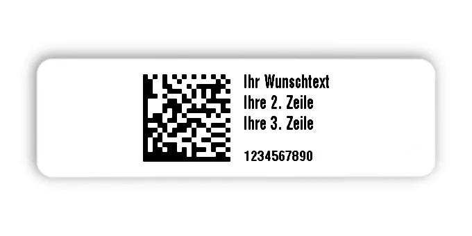 Universaletiketten Material:Thermopapier Größe:50x15mm Kopfzeile:"Ihr Wunschtext" Barcode:DataMatrix Stellenanzahl:10-stellig Ausführung:2 Etiketten pro Nummer Menge:500