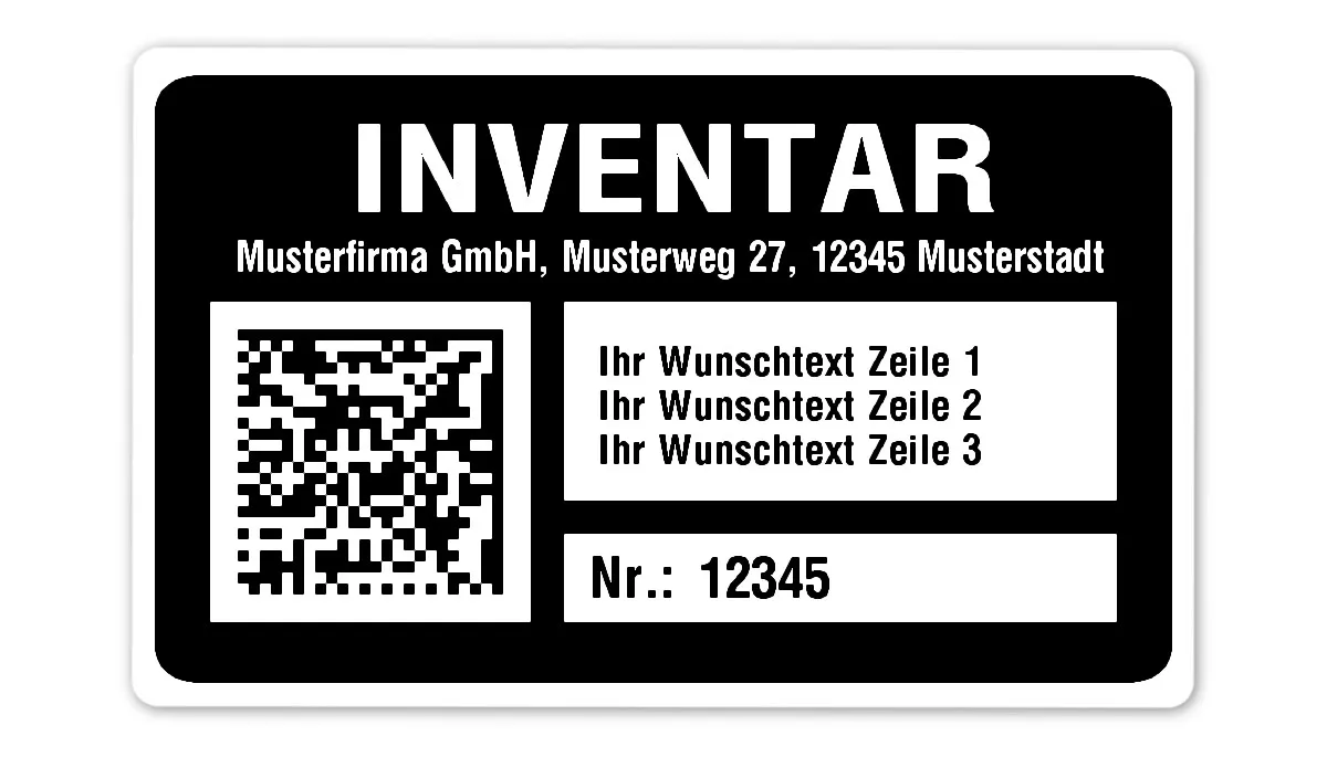 Inventaretiketten Material:Polyethylen-Folie hochglänzend weiß Größe:80x50mm Kopfzeile:"Ihr Wunschtext" Barcode:DataMatrix Stellenanzahl:5-stellig Menge:100