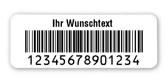 Prüfetiketten Material:Polyethylen-Folie hochglänzend weiß Größe:40x15mm Kopfzeile:"Ihr Wunschtext" Barcode:128B Stellenanzahl:14-stellig Ausführung:1 Etikette pro Nummer Menge:500