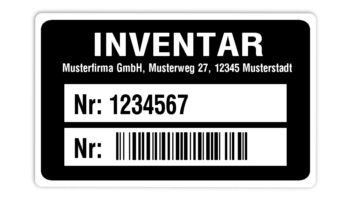 Inventaretiketten Material:Polyethylen-Folie hochglänzend weiß Größe:80x50mm Kopfzeile:"Ihr Wunschtext" Barcode:128B Stellenanzahl:7-stellig Ausführung:1 Etikette pro Nummer Menge:500