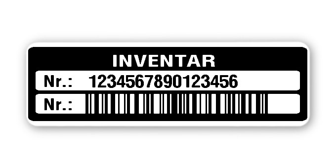 Inventaretiketten Material:Polyethylen-Folie hochglänzend weiß Größe:50x15mm Kopfzeile:"Inventar" Barcode:128C Stellenanzahl:16-stellig Menge:100