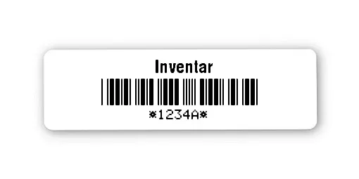 Inventaretiketten Universal Material:Folie weiß Größe:31x9mm Kopfzeile:"Inventar" Barcode:Code 39 mit Prüfziffer Stellenanzahl:5-stellig Ausführung:1 Etikett pro Nummer Etiketten je Rolle:500