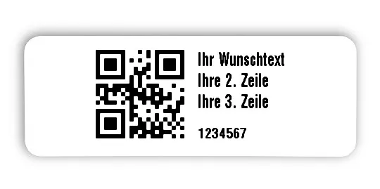 Universaletiketten Material:Folie hochglänzend weiß Größe:40x15mm Kopfzeile:"Ihr Wunschtext" Barcode:QR Stellenanzahl:7-stellig Ausführung:2 Etiketten pro Nummer Menge:1000