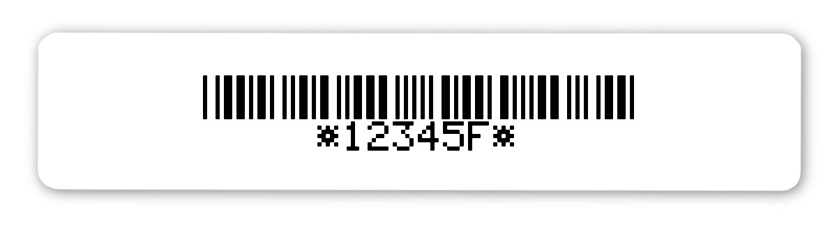 Universaletiketten Material:Polyethylen-Folie weiß matt opak Größe:77x16mm Kopfzeile:"ohne" Barcode:Code 39 mit Prüfziffer Stellenanzahl:6-stellig Ausführung:1 Etikette pro Nummer Menge:100