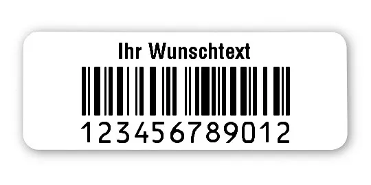 Inventaretiketten Universal Material:Folie weiß Größe:40x15mm Kopfzeile:"Ihr Wunschtext" Barcode:128C Stellenanzahl:12-stellig Ausführung:1 Etikett pro Nummer Etiketten je Rolle:500