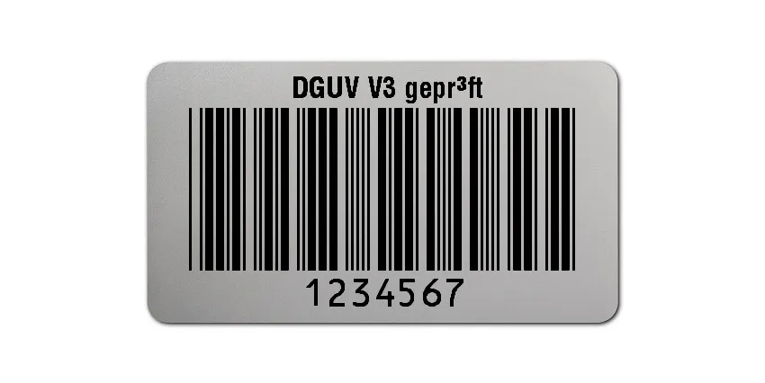 Prüfetiketten Material:Polyester-Folie Silberoptik matt Größe:45x25mm Kopfzeile:"DGUV V3 geprüft" Barcode:Code 39 ohne Prüfziffer Stellenanzahl:7-stellig Ausführung:1 Etikette pro Nummer Menge:1000