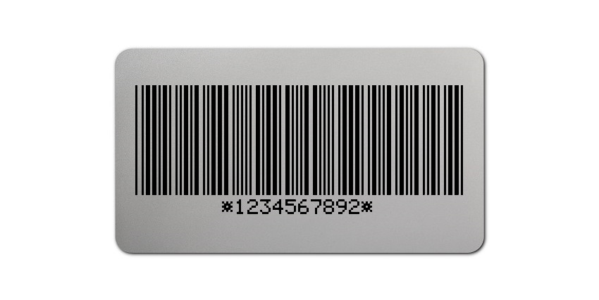 Universaletiketten Material:Folie silber matt Größe:45x25mm Kopfzeile:"ohne" Barcode:Code 39 mit Prüfziffer Stellenanzahl:10-stellig Ausführung:2 Etiketten pro Nummer Menge:100