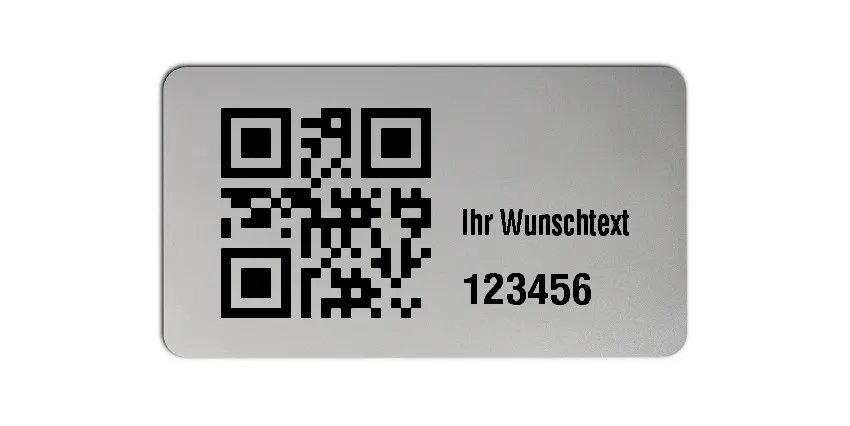 Inventaretiketten Universal Material:Polyester-Folie Silberoptik matt Größe:45x25mm Kopfzeile:"Ihr Wunschtext" Barcode:QR Stellenanzahl:6-stellig Menge:100