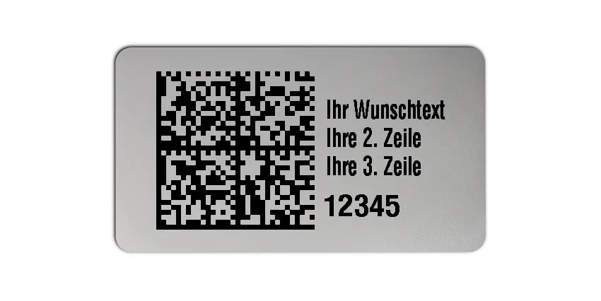 Universaletiketten Material:Polyester-Folie Silberoptik matt Größe:45x25mm Kopfzeile:"Ihr Wunschtext" Barcode:DataMatrix Stellenanzahl:5-stellig Ausführung:1 Etikette pro Nummer Menge:500