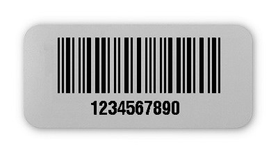 Universaletiketten Material:Folie silber matt Größe:26x12mm Kopfzeile:"ohne" Barcode:2a5 interleaved Stellenanzahl:10-stellig Ausführung:2 Etiketten pro Nummer Menge:100