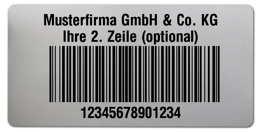 Universaletiketten Material:Polyester-Folie Silberoptik matt Größe:68x34mm Kopfzeile:"Ihr Wunschtext" Barcode:128B Stellenanzahl:14-stellig Ausführung:1 Etikette pro Nummer Menge:1000