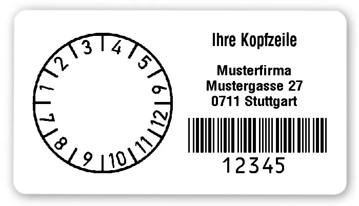 Prüfplakettenträger Material:Polyethylen-Folie hochglänzend weiß Größe:54x30mm Kopfzeile:"Ihr Wunschtext" Barcode:Code 39 ohne Prüfziffer Stellenanzahl:5-stellig Ausführung:1 Etikette pro Nummer Menge:300