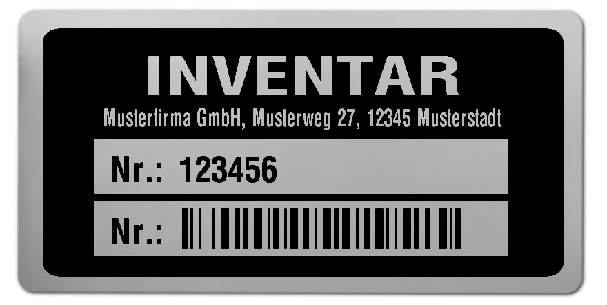 Inventaretiketten Material:Polyester-Folie Silberoptik matt Größe:68x34mm Kopfzeile:"Ihr Wunschtext" Barcode:128B Stellenanzahl:6-stellig Ausführung:1 Etikette pro Nummer Menge:1000