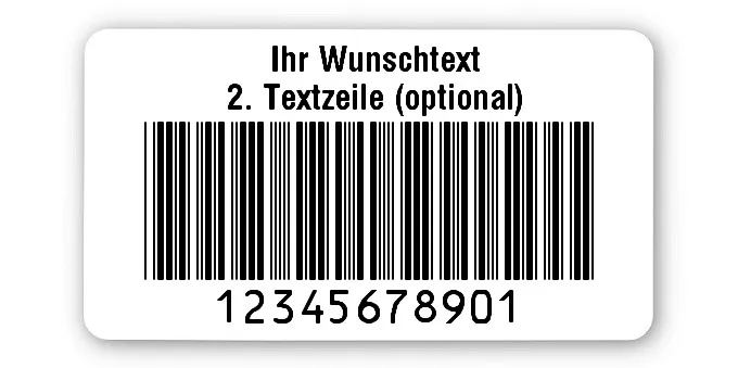 Prüfetiketten Material:Polyethylen-Folie hochglänzend weiß Größe:45x25mm Kopfzeile:"Ihr Wunschtext" Barcode:Code 39 ohne Prüfziffer Stellenanzahl:11-stellig Ausführung:1 Etikette pro Nummer Menge:500