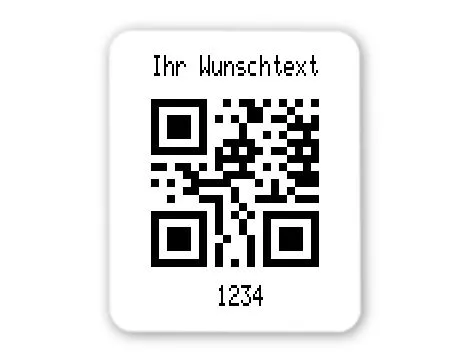 Universaletiketten Material:Polyethylen-Folie hochglänzend weiß Größe:26x22mm Kopfzeile:"Ihr Wunschtext" Barcode:QR Stellenanzahl:4-stellig Ausführung:1 Etikette pro Nummer Menge:500