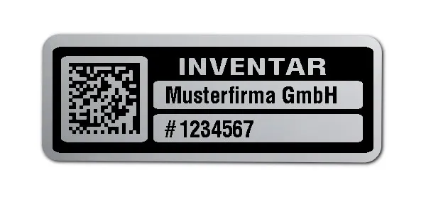 Inventaretiketten Material:Polyester-Folie Silberoptik matt Größe:40x15mm Kopfzeile:"Ihr Wunschtext" Barcode:DataMatrix Stellenanzahl:7-stellig Menge:100