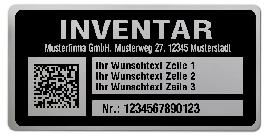 Inventaretiketten Material:Polyester-Folie Silberoptik matt Größe:68x34mm Kopfzeile:"Ihr Wunschtext" Barcode:DataMatrix Stellenanzahl:13-stellig Menge:100