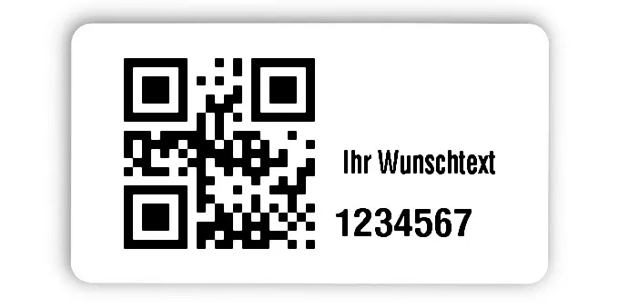 Inventaretiketten Universal Material:Polyethylen-Folie hochglänzend weiß Größe:45x25mm Kopfzeile:"Ihr Wunschtext" Barcode:QR Stellenanzahl:7-stellig Menge:1000