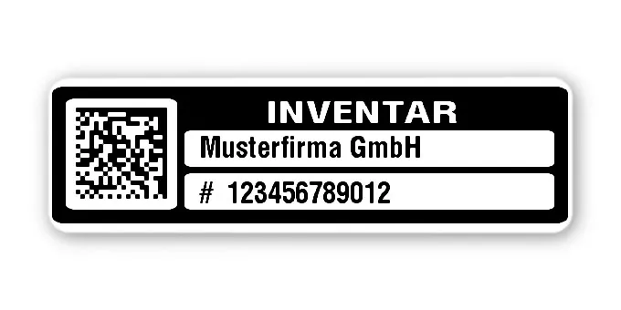 Inventaretiketten Material:Polyethylen-Folie hochglänzend weiß Größe:50x15mm Kopfzeile:"Ihr Wunschtext" Barcode:DataMatrix Stellenanzahl:12-stellig Menge:500