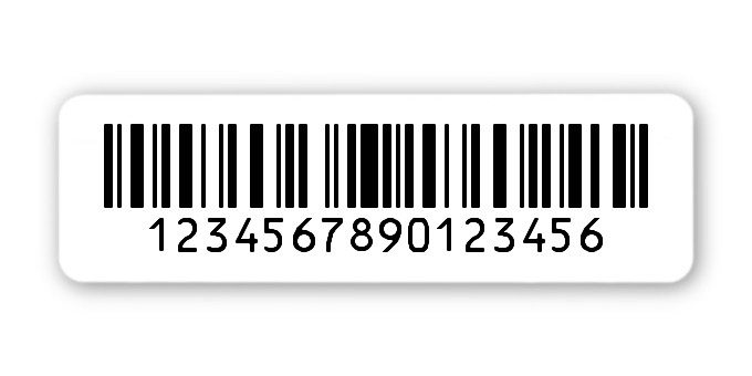 Universaletiketten Material:Folie hochglänzend weiß Größe:50x15mm Kopfzeile:"ohne" Barcode:128C Stellenanzahl:16-stellig Ausführung:3 Etiketten pro Nummer Menge:300