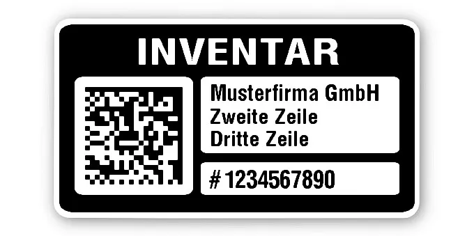 Inventaretiketten Material:Polyethylen-Folie hochglänzend weiß Größe:45x25mm Kopfzeile:"Ihr Wunschtext" Barcode:DataMatrix Stellenanzahl:10-stellig Menge:1000