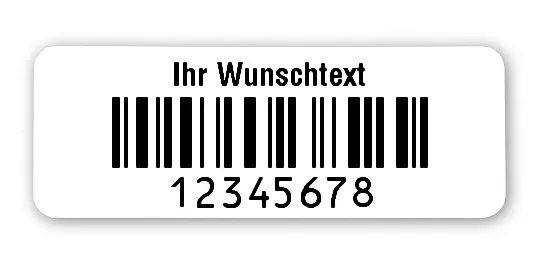 Textiletiketten Material:Patch Größe:40x15mm Kopfzeile:"Ihr Wunschtext" Barcode:128C Stellenanzahl:8-stellig Ausführung:1 Etikette pro Nummer Menge:500