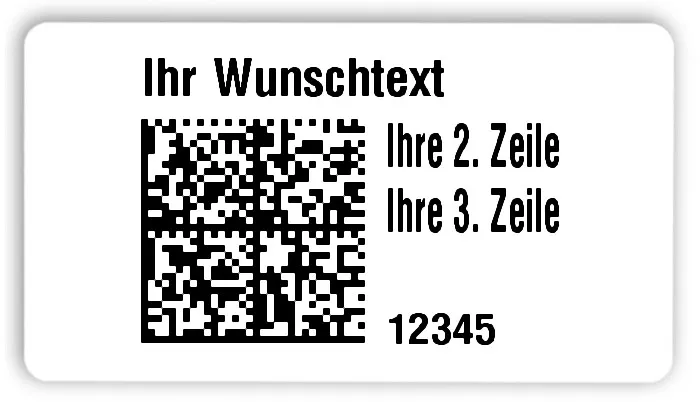 Universaletiketten Material:Folie hochglänzend weiß Größe:54x30mm Kopfzeile:"Ihr Wunschtext" Barcode:DataMatrix Stellenanzahl:5-stellig Ausführung:3 Etiketten pro Nummer Menge:300