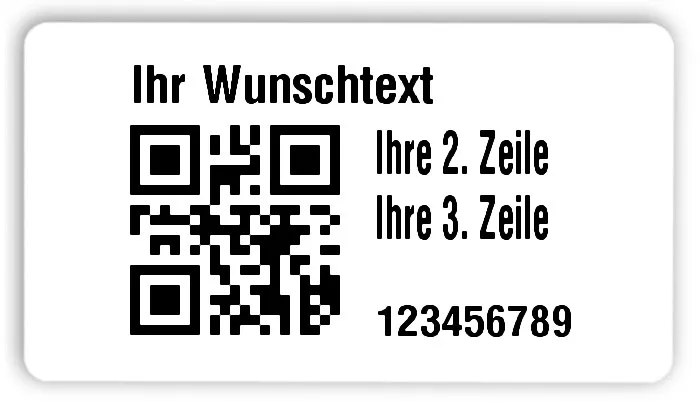 Universaletiketten Material:Folie hochglänzend weiß Größe:54x30mm Kopfzeile:"Ihr Wunschtext" Barcode:QR Stellenanzahl:9-stellig Ausführung:3 Etiketten pro Nummer Menge:300