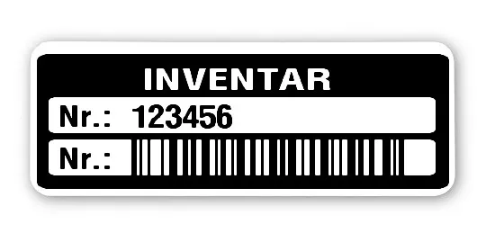 Inventaretiketten Material:Polyethylen-Folie hochglänzend weiß Größe:40x15mm Kopfzeile:"Inventar" Barcode:128B Stellenanzahl:6-stellig Menge:500