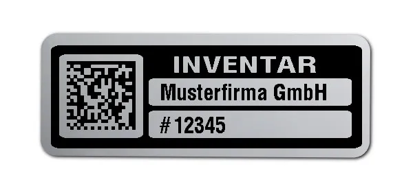 Inventaretiketten Material:Polyester-Folie Silberoptik matt Größe:40x15mm Kopfzeile:"Ihr Wunschtext" Barcode:DataMatrix Stellenanzahl:5-stellig Menge:500