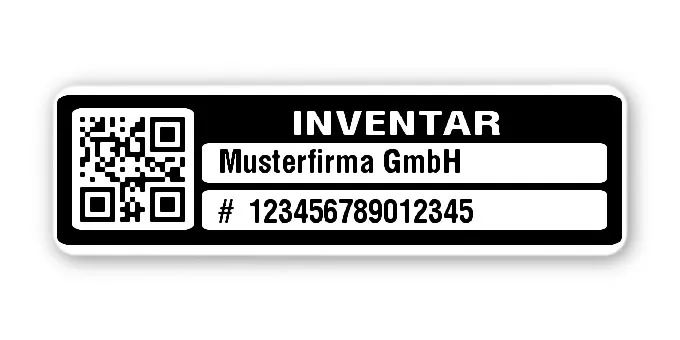Inventaretiketten Material:Polyethylen-Folie hochglänzend weiß Größe:50x15mm Kopfzeile:"Ihr Wunschtext" Barcode:QR Stellenanzahl:15-stellig Menge:500