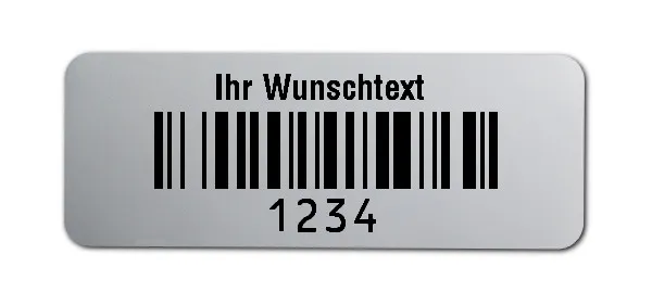 Prüfetiketten Material:Polyester-Folie Silberoptik matt Größe:40x15mm Kopfzeile:"Ihr Wunschtext" Barcode:128B Stellenanzahl:4-stellig Ausführung:1 Etikette pro Nummer Menge:1000