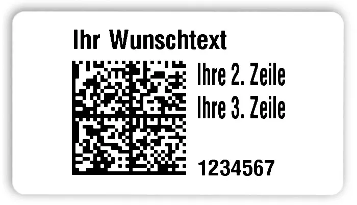 Universaletiketten Material:Folie hochglänzend weiß Größe:54x30mm Kopfzeile:"Ihr Wunschtext" Barcode:DataMatrix Stellenanzahl:7-stellig Ausführung:3 Etiketten pro Nummer Menge:300