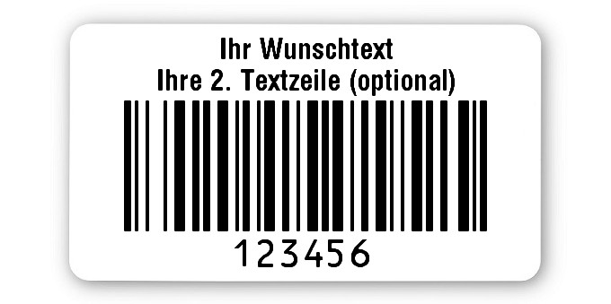 Universaletiketten Material:Thermopapier Größe:45x25mm Kopfzeile:"Ihr Wunschtext" Barcode:128B Stellenanzahl:6-stellig Ausführung:3 Etiketten pro Nummer Menge:300