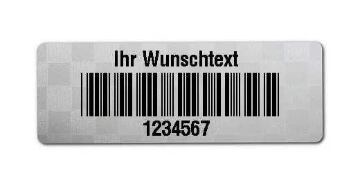 Siegeletiketten Material:Polyester-Folie Silberoptik Siegeletikette Größe:36x13mm Kopfzeile:"Ihr Wunschtext" Barcode:Code 39 ohne Prüfziffer Stellenanzahl:7-stellig Menge:500