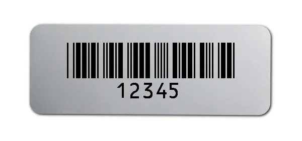 Universaletiketten Material:Polyester-Folie Silberoptik matt Größe:40x15mm Kopfzeile:"ohne" Barcode:Code 39 ohne Prüfziffer Stellenanzahl:5-stellig Ausführung:1 Etikette pro Nummer Menge:100